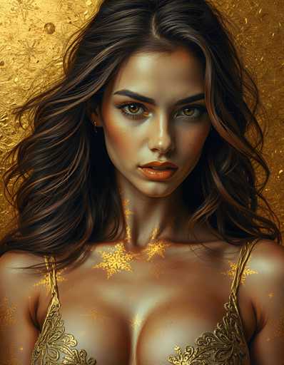The image shows a close-up portrait of a woman with long brown hair and striking green eyes. She is wearing a gold bikini top that has a floral pattern on it. The background features a gold wall with a textured surface, which complements the overall aesthetic of the image.