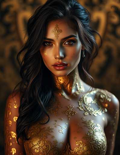 The image shows a woman with long dark hair wearing gold makeup and a gold dress. The background is black and features an ornate design that adds depth to the scene.