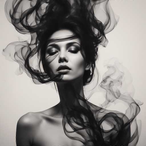 A striking black and white portrait features a woman with voluminous, smoke-like hair dramatically swirling around her. Her eyes are closed, and her expression is serene. The smoke-like elements create a dreamlike, ethereal atmosphere, emphasizing the woman's elegant form against a plain background. The art style is a blend of fashion photography and surrealism, focusing on dramatic lighting and texture.