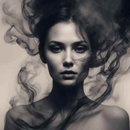 The image is a black and white portrait of a woman with long hair styled in an elegant updo. The smoke coming from her hair creates a dramatic effect against the stark background.
