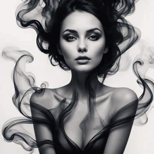 A captivating black and white portrait features a woman with voluminous, dark hair dramatically enveloped in swirling smoke. She gazes directly at the viewer, her expression intense and ethereal. The art style is a blend of fashion photography and digital manipulation, emphasizing a dreamlike, almost otherworldly quality with the flowing smoke as a central element.