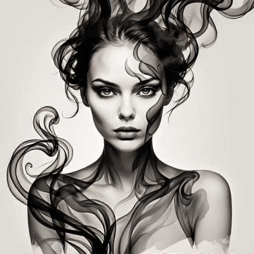 A striking, monochrome portrait features a woman with voluminous, swirling hair that seems to flow from her body. Her intense gaze is direct, and the soft, ethereal quality of the hair creates a dreamlike effect. The art style is a blend of digital illustration and artistic abstraction, emphasizing form and light with a focus on the woman's expressive face.