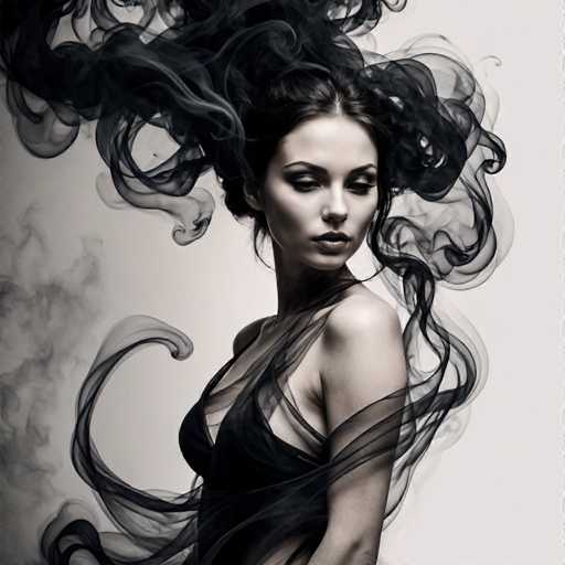 A woman with long dark hair is captured in a moment of quiet contemplation against the backdrop of a black and white image. Her gaze is directed downwards, her body language suggesting a sense of introspection or deep thought. The smoke that envelops her head adds an air of mystery to the scene, obscuring her face but not her essence.