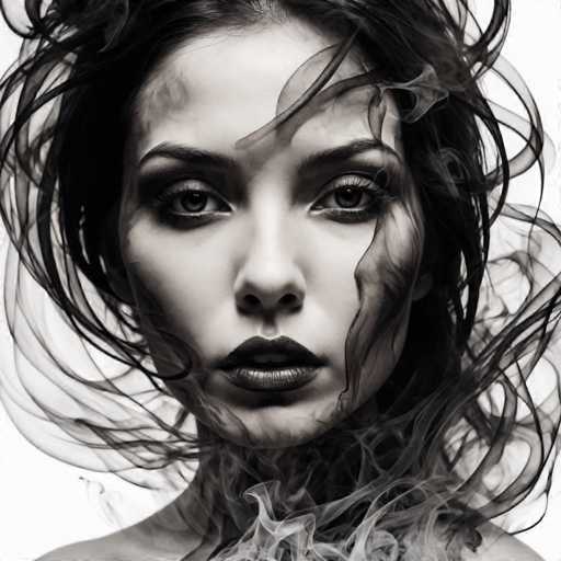 A striking black and white portrait features a woman with intense, dark eyes, her hair swirling around her face like smoke. The image is highly stylized, with a dramatic, ethereal quality achieved through the use of soft, wispy smoke-like elements integrated into her hair and face. The focus is on the woman's gaze, creating a captivating and slightly mysterious atmosphere.