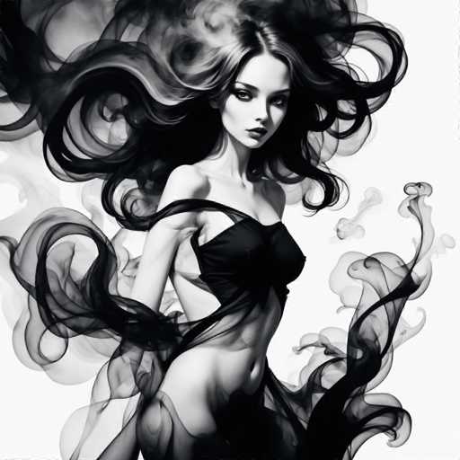 The image depicts a woman with long hair and dark makeup against a stark white background. The woman is wearing a black dress that contrasts with the surrounding darkness. The smoke coming from her mouth adds an ethereal quality to the scene.