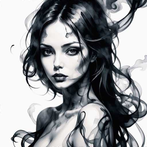 A captivating grayscale portrait features a woman with flowing, voluminous hair that seems to billow in motion. Her gaze is direct and intense, drawing the viewer into her expressive eyes. The art style blends realistic detail with an ethereal, smoky quality, creating a dramatic and slightly surreal effect.