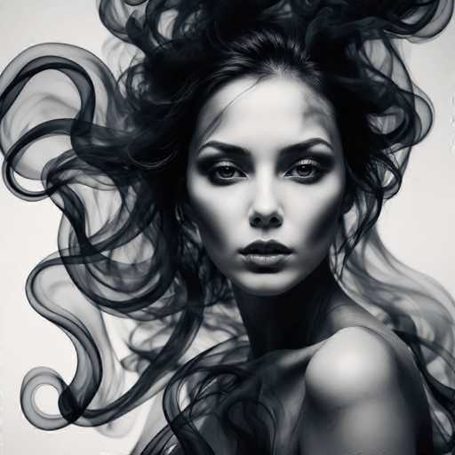 A striking black and white portrait features a woman with voluminous, flowing hair that appears to be made of smoke or ethereal energy. She gazes directly at the viewer with intense, dark eyes. The spatial relationship is close-up, emphasizing her face and hair's dynamic movement. The art style is dramatic, with a focus on texture and light, creating a dreamlike, almost surreal effect.