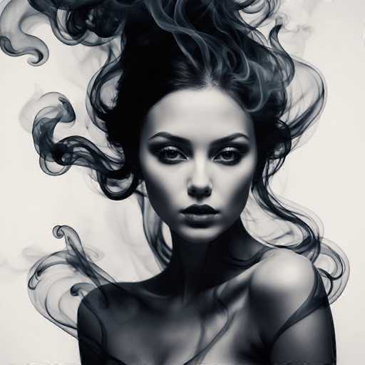 A striking, monochrome portrait features a woman with voluminous, smoke-like hair swirling around her. Her intense gaze is direct, and the soft lighting emphasizes a dramatic, ethereal atmosphere. The art style leans towards a digital painting or photorealistic rendering with an emphasis on texture and dynamic movement.