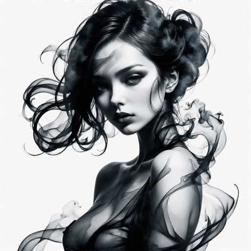 A striking black and white portrait features a woman with voluminous, windswept hair, partially enveloped in swirling smoke. Her gaze is direct and intense, creating a dramatic, ethereal effect. The art style leans towards digital illustration with a focus on dynamic movement and soft lighting, emphasizing the woman's powerful presence.