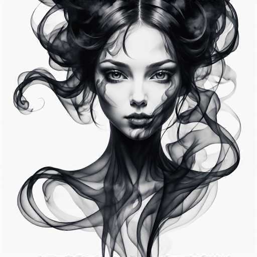 This black and white digital portrait features a woman with voluminous, flowing hair that seems to emanate from her form. Her face is sharply defined, with intense eyes drawing the viewer in. The art style blends realistic portraiture with an ethereal, almost smoky quality, creating a dramatic and captivating image.