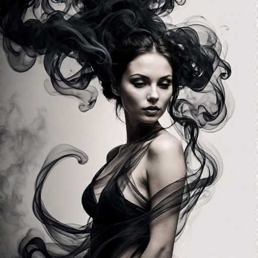 A woman with voluminous, dark hair engulfed in swirling smoke dominates this grayscale portrait. She's positioned centrally, her gaze directed to the side, while wisps of smoke flow around her. The art style is dramatic and ethereal, emphasizing a sense of mystery and elegance with the use of light and shadow.