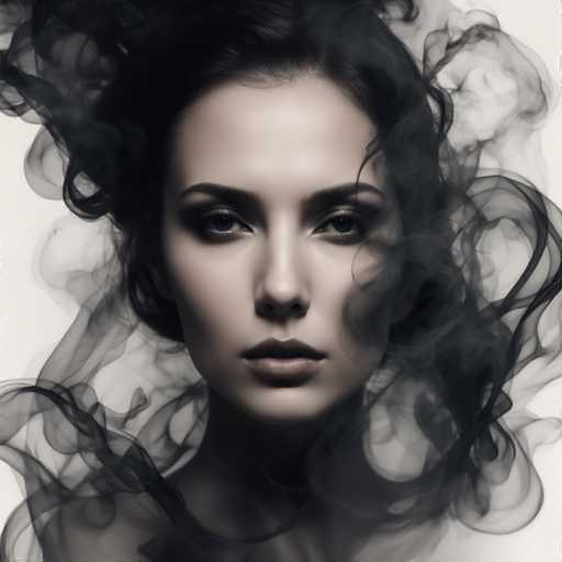 The image shows a close-up portrait of a woman with dark hair and eyes. The background is black and white, creating an ethereal atmosphere around the subject. The smoke coming from her face adds to the mysterious and intriguing nature of the scene.