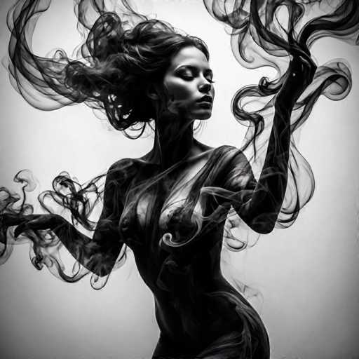 A woman in a dark, flowing dress is enveloped by swirling smoke, her body seemingly merging with the ethereal tendrils. The image is a dramatic, monochromatic digital art piece emphasizing movement and mystery through an abstract, dreamlike style.
