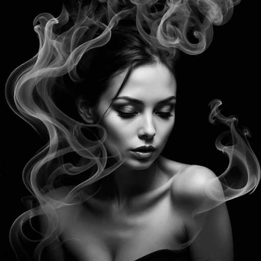 A captivating black and white portrait features a woman with dark hair, partially enveloped in swirling smoke. Her eyes are closed, and her expression is serene. The smoky tendrils gracefully frame her face, creating a dramatic, ethereal effect against the stark black background. The art style is evocative and dreamlike, emphasizing a sense of mystery and elegance.