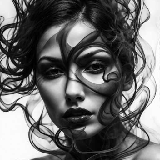 The image is a black and white portrait of a woman with long hair styled in an intricate updo that creates a dramatic smokey effect around her face. The background is blurred, drawing focus to the subject's features.