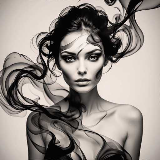A striking black and white portrait features a woman with voluminous, windswept hair dramatically flowing around her. The art style is a blend of digital manipulation and artistic photography, emphasizing ethereal smoke-like tendrils that seem to emanate from her hair. The focus is on the woman's intense gaze, creating a captivating and slightly surreal image.