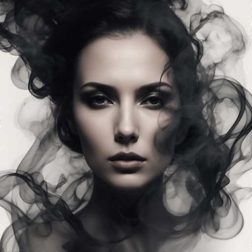 A woman with dark, voluminous hair is enveloped in swirling, smoky tendrils. The image is a dramatic portrait with a soft, ethereal quality, likely digitally manipulated to create the smoky effect. The focus is on her intense gaze, creating a captivating and slightly mysterious atmosphere.