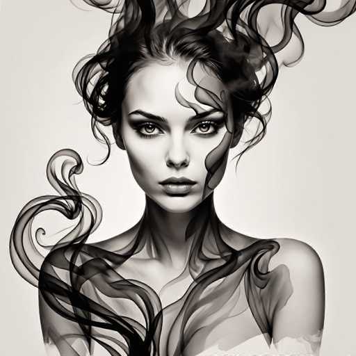 The image is a black and white portrait of a woman with long hair styled in an intricate updo that creates a dramatic effect. The woman's face is the main focus, with her eyes looking directly at the camera. The background is plain white, which contrasts with the dark tones of the woman's hair and makeup, making her stand out even more.