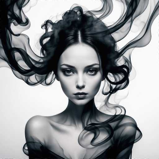 A striking black and white portrait features a woman with voluminous, flowing hair that appears to be made of smoke or ethereal fabric. She gazes directly at the viewer with intense, dark eyes. The spatial relationship is close-up, emphasizing her face and the dramatic, swirling hair. The art style is a blend of portraiture and surrealism, with a focus on dramatic lighting and texture.