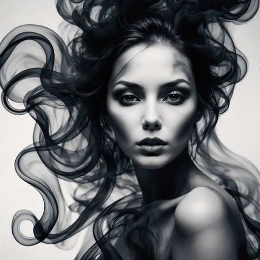 The image is a black and white portrait of a woman with long hair styled in an elegant updo that creates a dramatic effect against the stark background. The woman's face is the focal point, with her eyes looking directly at the camera.
