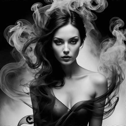 A captivating black and white portrait features a woman with flowing, voluminous hair enveloped in swirling smoke. She gazes directly at the viewer, her expression intense and ethereal. The art style is dramatic and dreamlike, emphasizing texture and light with a focus on the woman's powerful presence.