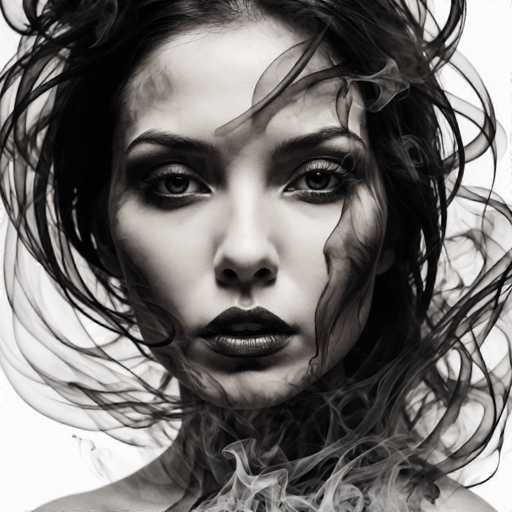 The image is a black and white portrait of a woman with long dark hair styled into an elegant updo that sways gently around her face. The smokey effect surrounding the woman's face adds a dramatic touch to the composition.