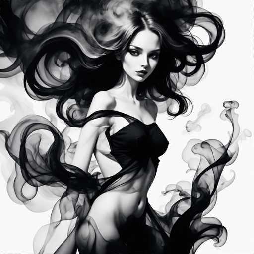 A striking, ethereal portrait in black and white features a woman with voluminous, flowing hair that seems to billow around her. She wears a dark, form-fitting garment and appears partially obscured by wisps of smoke or shadow. The art style is a blend of digital painting and artistic abstraction, emphasizing dramatic movement and a dreamlike quality.