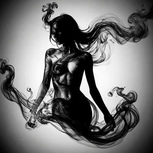 A dark, ethereal figure of a woman emerges from swirling smoke in this monochromatic digital art. The figure's form is fluid and dynamic, with tendrils of smoke extending around her, creating a sense of mystery and movement. The style is reminiscent of a dark fantasy or gothic aesthetic, emphasizing silhouette and dramatic lighting.