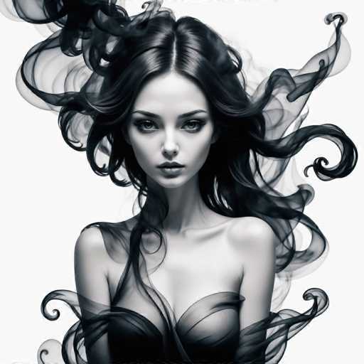 A striking, ethereal portrait in grayscale features a woman with voluminous, flowing hair that appears to be made of smoke or dark fabric. She gazes directly at the viewer with intense, captivating eyes. The spatial relationship is one of close proximity and focus on the woman's face, with the dramatic hair creating a dynamic, swirling effect around her. The art style is a blend of digital illustration and portraiture, emphasizing dramatic lighting and texture.