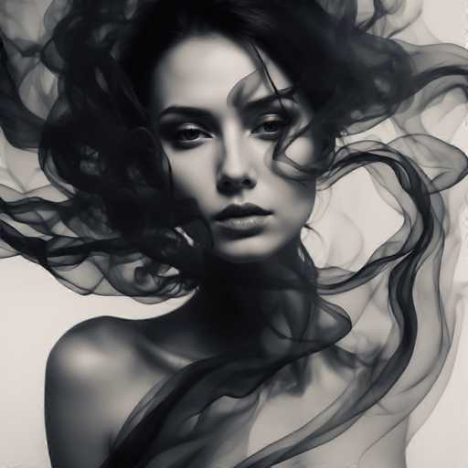 A woman with dark, flowing hair dominates a close-up portrait in a monochrome style. Wisps of smoke or ethereal fabric swirl around her, creating a dramatic, dreamlike effect. The focus is on her intense gaze and delicate features, emphasizing a sense of mystery and elegance.