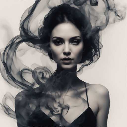 A woman with dark, voluminous hair is enveloped in swirling, smoky tendrils. The image is a dramatic, monochrome portrait with an ethereal quality, emphasizing the woman's intense gaze. The smoke forms a dynamic, almost dreamlike embrace around her, creating a sense of mystery and artistic depth.