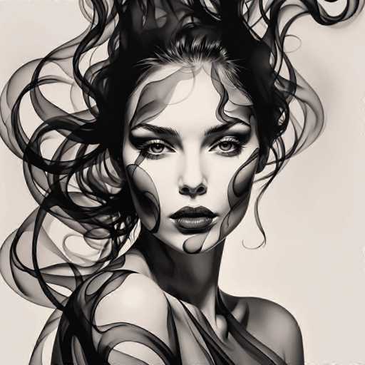 This digital artwork features a close-up portrait of a woman with voluminous, flowing hair. The style is a blend of photorealism and abstract design, using a monochrome palette to create a dramatic, almost ethereal effect. The hair's swirling forms and the woman's intense gaze draw the viewer into a captivating, stylized representation of beauty.
