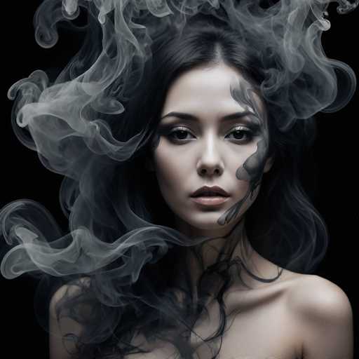 A captivating portrait features a woman with dark, flowing hair enveloped in swirling grey smoke. Her face is softly illuminated, emphasizing her intense gaze and dramatic makeup with dark, tribal-like patterns. The smoke creates a dynamic, ethereal atmosphere against the stark black background, showcasing a high-contrast, artistic style.