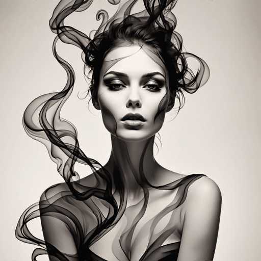 The image is a black and white portrait of a woman with long hair styled in an elegant updo that flows down her back. The woman's face is the focal point of the image, which is captured from a side angle. The background is plain white, allowing the subject to be the main focus of the composition.