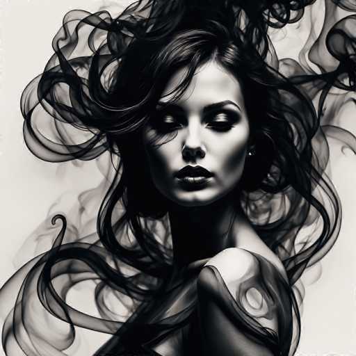 A striking black and white portrait features a woman with voluminous, flowing hair dramatically swirling around her. Her eyes are closed, and her expression is serene. The art style is a blend of digital painting and soft focus, emphasizing ethereal smoke-like elements that enhance the dreamy atmosphere.