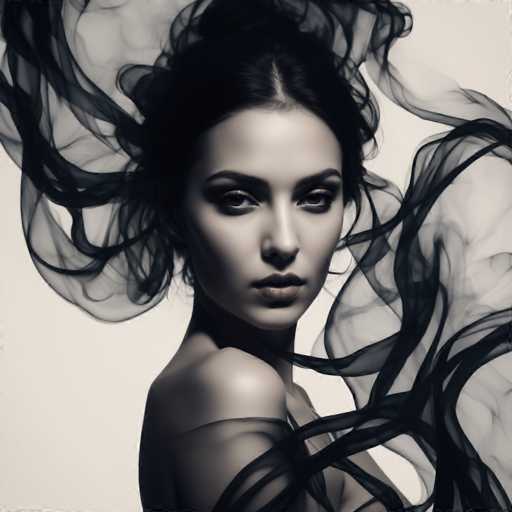 A striking portrait in grayscale features a woman with dark hair dramatically enveloped in flowing, smoky tendrils. Her intense gaze is directed towards the viewer, creating a captivating and ethereal atmosphere. The art style leans towards a dramatic, possibly artistic or fashion-focused aesthetic, emphasizing texture and light.