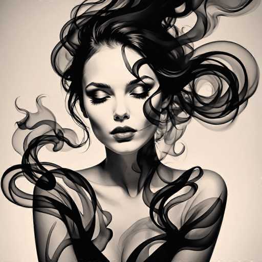 A woman with voluminous, flowing hair dominates the image in a monochrome, ethereal style. Wisps of smoke or vapor swirl around her, creating a dreamlike effect. Her eyes are closed, and her expression is serene. The focus is on the dramatic interplay of light and shadow within the hair, emphasizing a sense of mystery and elegance.