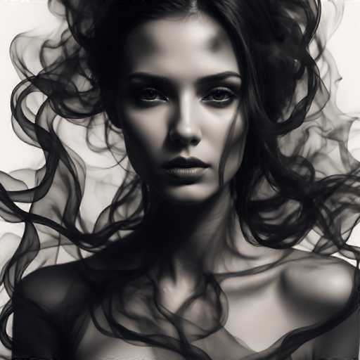 A close-up, grayscale portrait features a woman with voluminous, flowing hair that seems to billow around her face. Her intense gaze is direct, and the soft lighting creates a dramatic, ethereal atmosphere. The art style leans towards a modern, artistic rendering with a focus on texture and light play.