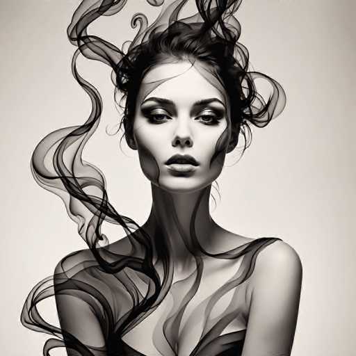 A striking, monochrome portrait features a woman with voluminous, swirling hair that appears to be made of smoke or ethereal energy. Her face is sharply defined with dramatic makeup, and her gaze is direct. The spatial relationship places the woman centrally, emphasizing a sense of mystery and otherworldly beauty within a high-contrast, artistic style.