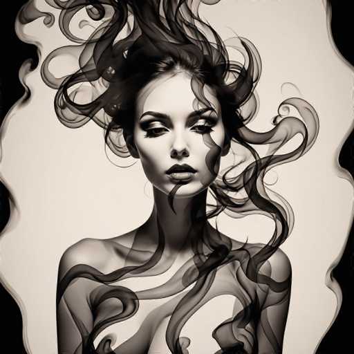 The image is a black and white portrait of a woman with long hair styled in an elegant updo that creates a dramatic smokey effect around her face. The background features a blurred, indistinct pattern that adds to the overall atmosphere of mystery and intrigue.