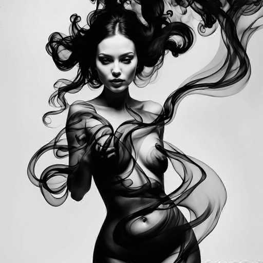 A striking black and white digital artwork features a woman with voluminous, flowing hair that seems to be made of smoke or energy. She's positioned centrally, her body partially translucent, with tendrils of dark, swirling forms extending around her. The art style is ethereal and dramatic, emphasizing a sense of mystery and dynamic movement.
