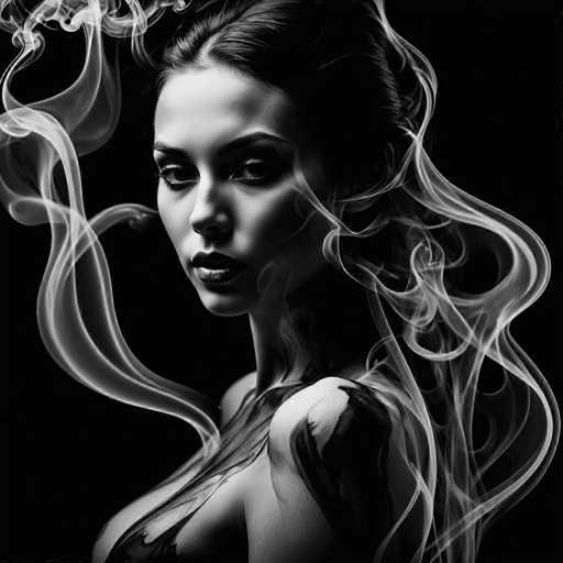 A striking black and white portrait features a woman with intense, dark eyes, enveloped in swirling smoke that partially obscures her form. The spatial relationship is intimate, with the woman's face in sharp focus while the smoke creates an ethereal, dreamlike atmosphere. The art style is a blend of portraiture and surrealism, emphasizing dramatic lighting and an otherworldly quality.