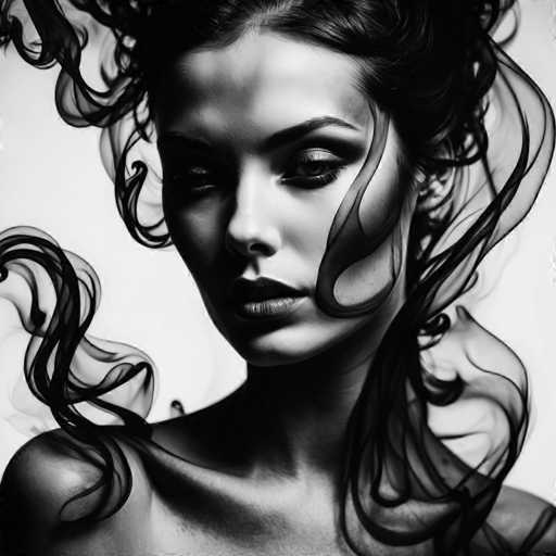 This black and white portrait features a woman with voluminous, flowing hair that seems to swirl around her face. Her gaze is direct and intense, creating a dramatic, almost ethereal effect. The art style leans towards surrealism with the fluid, abstract hair design contrasting against her defined facial features.
