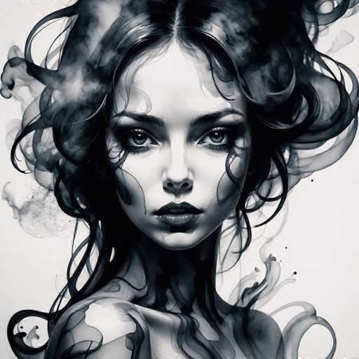 A striking, monochrome portrait features a woman with voluminous, swirling hair that appears to be made of smoke or ink. Her intense gaze is direct, and the soft lighting creates a dreamlike atmosphere. The art style leans towards digital painting with an emphasis on texture and dramatic, ethereal qualities.