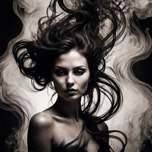 A striking, ethereal portrait in black and white features a woman with voluminous, windswept hair dramatically swirling around her. She gazes directly at the viewer, creating a captivating and intense connection. The art style is highly stylized, with a focus on dramatic lighting and flowing textures, evoking a sense of mystery and power.