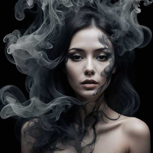 A woman with long dark hair and a black face paint is captured in the midst of a dramatic smoke effect. The smoke is swirling around her head, obscuring her features and creating an ethereal atmosphere.