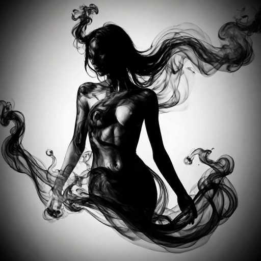 The image is a black and white portrait of a woman with long hair flowing down her back. The woman's face is obscured by the smoke that billows out from behind her, creating an ethereal effect. The background is plain white, which contrasts sharply with the dark tones of the woman and the smoke.