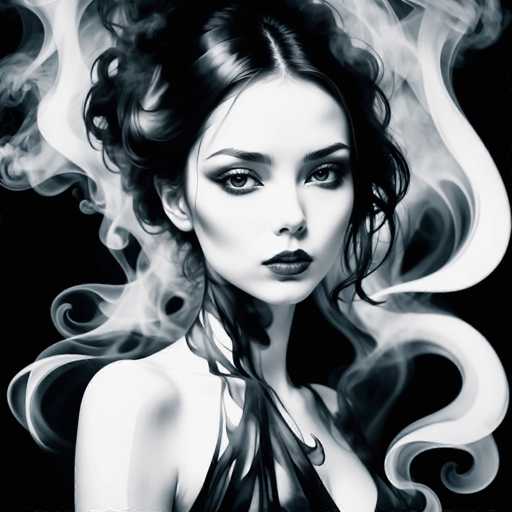 The image is a black and white portrait of a woman with long dark hair styled in an updo. She has striking blue eyes that contrast against her dark hair. The background features a swirling pattern of smoke, adding a sense of mystery to the scene.