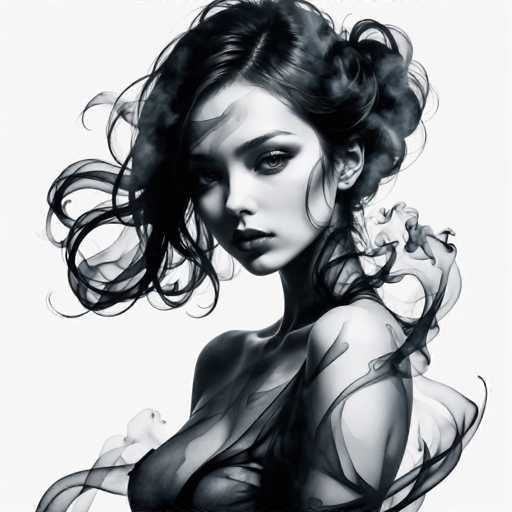 The image is a black and white portrait of a woman with long hair styled in loose curls. The woman's face is the focal point, and she has dark eyes that add depth to her expression. The background is plain white, which contrasts with the woman's dark hair and skin tone.