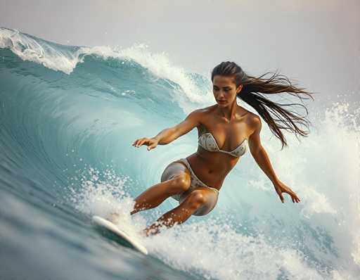 A woman gracefully rides a vibrant, turquoise wave on a surfboard, her long hair flowing dramatically in the motion. The image is captured with a dynamic, slightly low-angle perspective, emphasizing the wave's curl and the surfer's focused posture. The art style is a blend of realistic portraiture with an emphasis on capturing action and movement in a bright, sunlit setting.